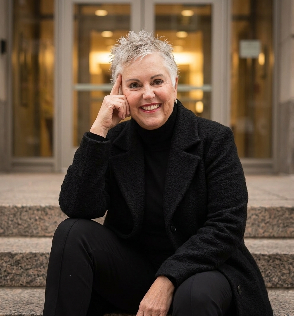Debbi Starr, AI Systems Strategist and Coach, sitting on steps smiling